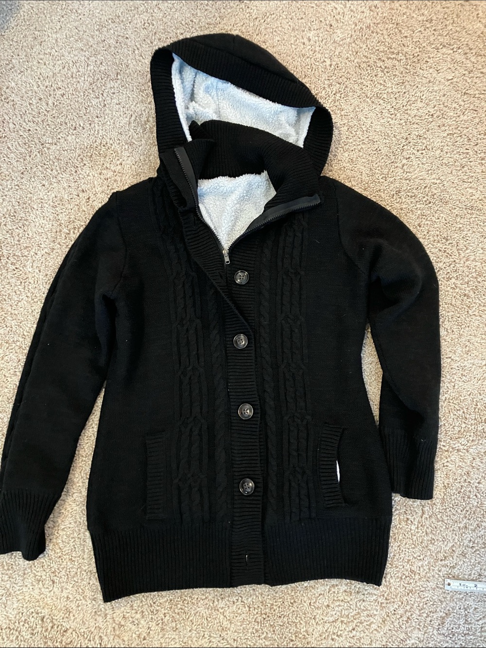 Super cozy black Button-Front and zip Knit Cardigan Sweater with fur and hood